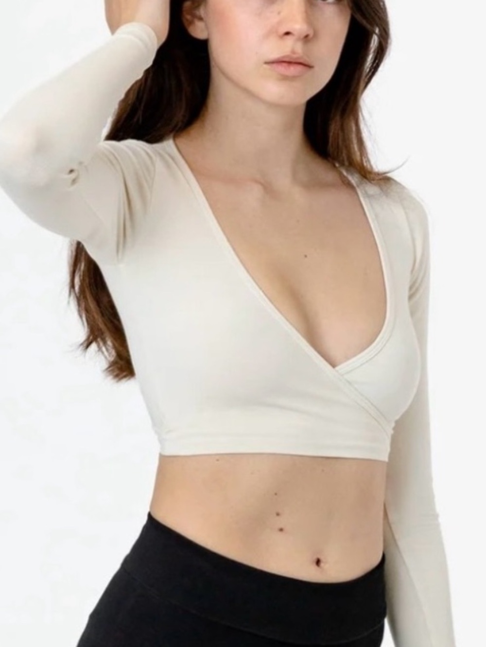 Los Angeles Apparel Cream Long Sleeve Wrap Crop Top